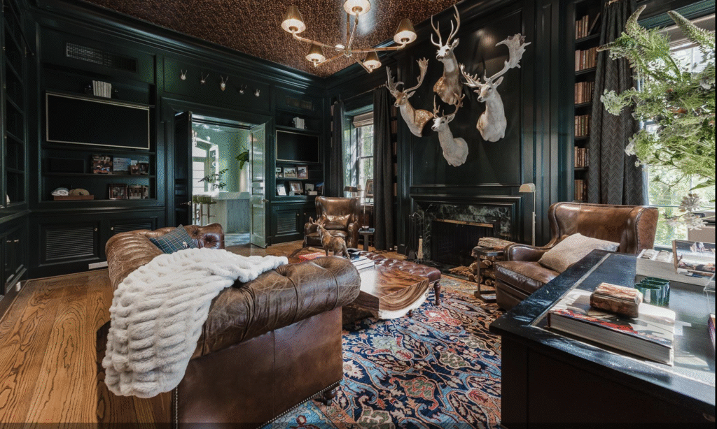The paneled study with custom ceilings could serve as an elegant man cave. 